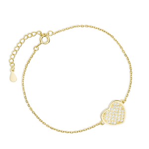 Srebrna złocona bransoletka serce z cyrkoniami na rękę