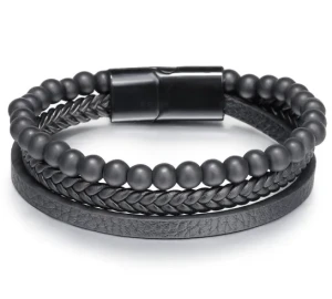 Męska bransoleta stalowa skórzana